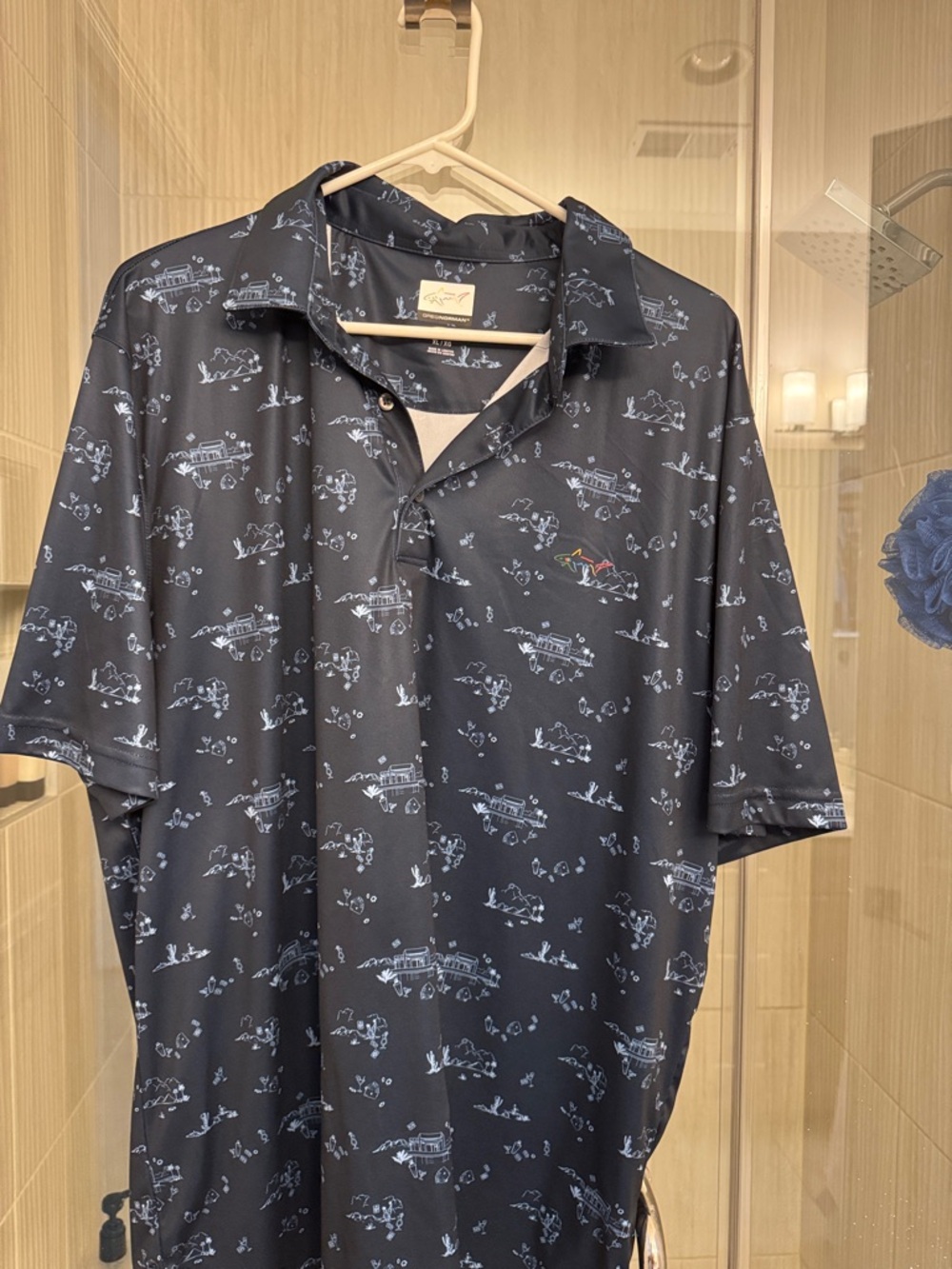 Greg Norman Collection Navy Polo with Light Blue Scenic Print